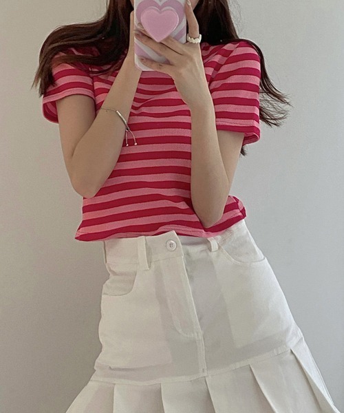Miniministore(ミニミニストア)の「リブ編みニットレディースボーダーTシャツ(Tシャツ/カットソー・レディース・グリーン/ピンク/ホワイト/ブラック・FREE)」の7枚目の写真