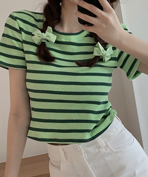 Miniministore(ミニミニストア)の「リブ編みニットレディースボーダーTシャツ(Tシャツ/カットソー・レディース・グリーン/ピンク/ホワイト/ブラック・FREE)」の9枚目の写真