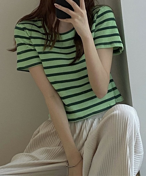 Miniministore(ミニミニストア)の「リブ編みニットレディースボーダーTシャツ(Tシャツ/カットソー・レディース・グリーン/ピンク/ホワイト/ブラック・FREE)」の10枚目の写真