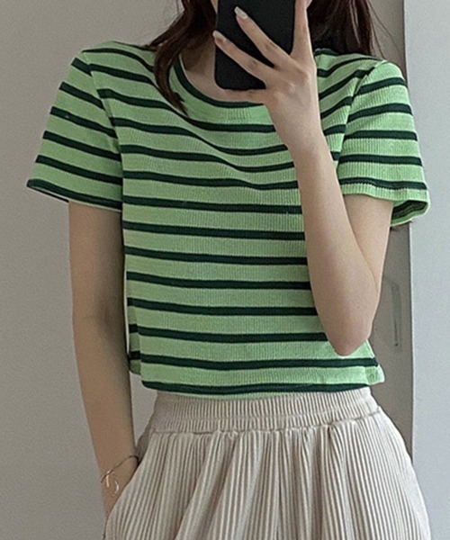 Miniministore(ミニミニストア)の「リブ編みニットレディースボーダーTシャツ(Tシャツ/カットソー・レディース・グリーン/ピンク/ホワイト/ブラック・FREE)」の11枚目の写真