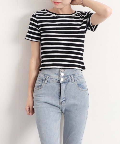 Miniministore(ミニミニストア)の「リブ編みニットレディースボーダーTシャツ(Tシャツ/カットソー・レディース・グリーン/ピンク/ホワイト/ブラック・FREE)」の12枚目の写真