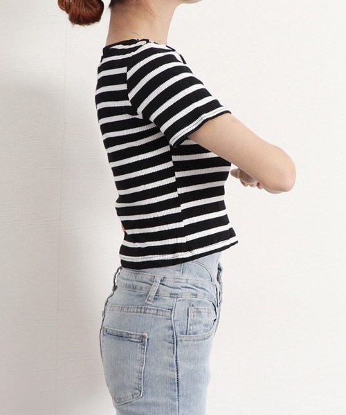 Miniministore(ミニミニストア)の「リブ編みニットレディースボーダーTシャツ(Tシャツ/カットソー・レディース・グリーン/ピンク/ホワイト/ブラック・FREE)」の13枚目の写真
