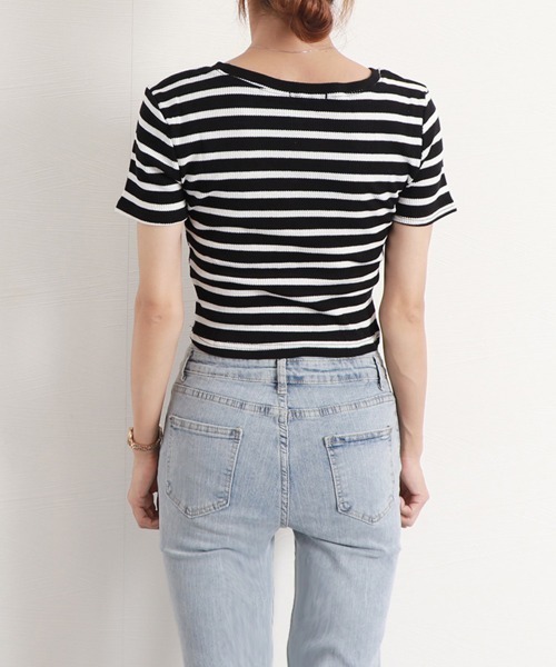 Miniministore(ミニミニストア)の「リブ編みニットレディースボーダーTシャツ(Tシャツ/カットソー・レディース・グリーン/ピンク/ホワイト/ブラック・FREE)」の14枚目の写真