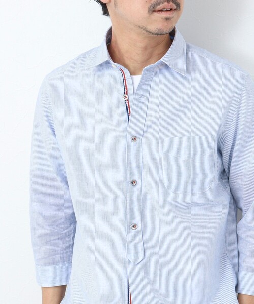 NOLLEY’S（ノーリーズ）の「リネンブレンド パラシュートボタン 7分袖シャツ（シャツ/ブラウス・メンズ・サックスブルー/ネイビー/ブルー系その他/レッド・M/S/XL/L）」の3枚目の写真