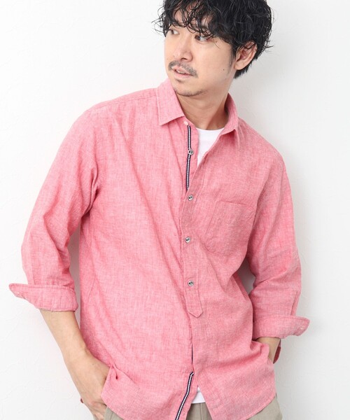 NOLLEY’S（ノーリーズ）の「リネンブレンド パラシュートボタン 7分袖シャツ（シャツ/ブラウス・メンズ・サックスブルー/ネイビー/ブルー系その他/レッド・M/S/XL/L）」の4枚目の写真