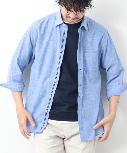 NOLLEY’S（ノーリーズ）の「リネンブレンド パラシュートボタン 7分袖シャツ（シャツ/ブラウス・メンズ・サックスブルー/ネイビー/ブルー系その他/レッド・M/S/XL/L）」の15枚目の写真