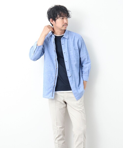 NOLLEY’S（ノーリーズ）の「リネンブレンド パラシュートボタン 7分袖シャツ（シャツ/ブラウス・メンズ・サックスブルー/ネイビー/ブルー系その他/レッド・M/S/XL/L）」の9枚目の写真