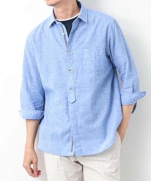 NOLLEY’S（ノーリーズ）の「リネンブレンド パラシュートボタン 7分袖シャツ（シャツ/ブラウス・メンズ・サックスブルー/ネイビー/ブルー系その他/レッド・M/S/XL/L）」の6枚目の写真