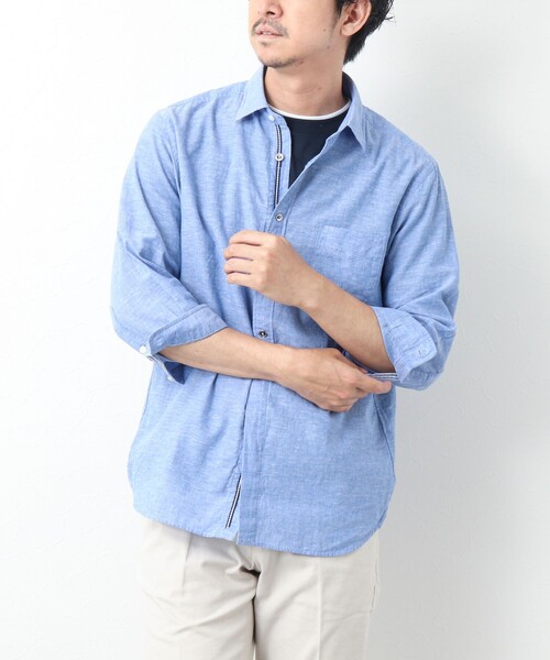 NOLLEY’S（ノーリーズ）の「リネンブレンド パラシュートボタン 7分袖シャツ（シャツ/ブラウス・メンズ・サックスブルー/ネイビー/ブルー系その他/レッド・M/S/XL/L）」の5枚目の写真