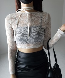 me+em select | 【 ２color 】ストラップリボンショートレーストップス ／ strap ribbon short lace tops(Tシャツ/カットソー)