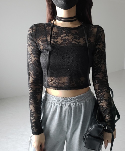 2color 】ストラップリボンショートレーストップス ／ strap