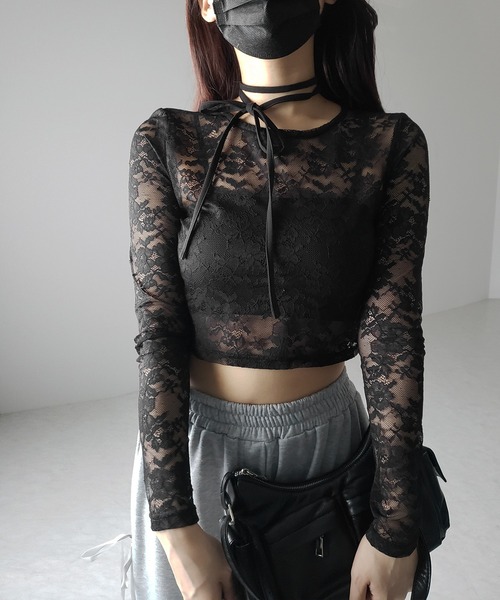 2color 】ストラップリボンショートレーストップス ／ strap