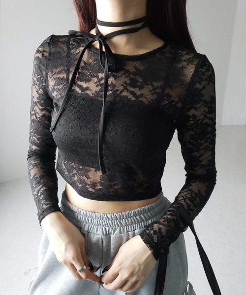 me+em select(ミームセレクト)の「【 2color 】ストラップリボンショートレーストップス / strap ribbon short lace tops(Tシャツ/カットソー・レディース・ブラック/ホワイト・FREE)」の15枚目の写真