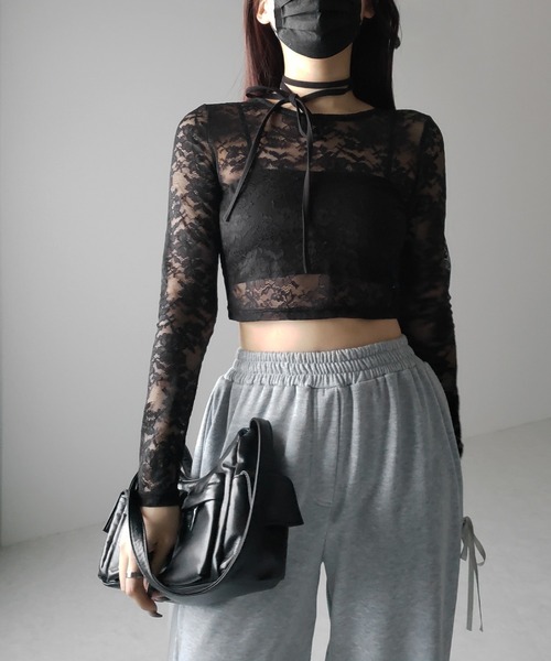 me+em select(ミームセレクト)の「【 2color 】ストラップリボンショートレーストップス / strap ribbon short lace tops(Tシャツ/カットソー・レディース・ブラック/ホワイト・FREE)」の16枚目の写真
