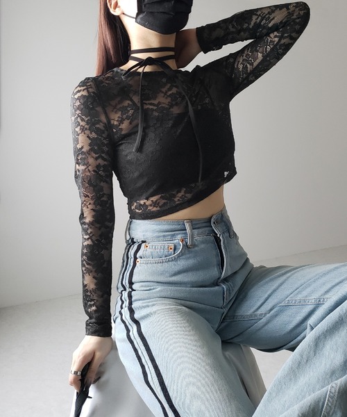me+em select(ミームセレクト)の「【 2color 】ストラップリボンショートレーストップス / strap ribbon short lace tops(Tシャツ/カットソー・レディース・ブラック/ホワイト・FREE)」の7枚目の写真