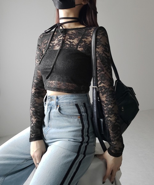 me+em select(ミームセレクト)の「【 2color 】ストラップリボンショートレーストップス / strap ribbon short lace tops(Tシャツ/カットソー・レディース・ブラック/ホワイト・FREE)」の8枚目の写真