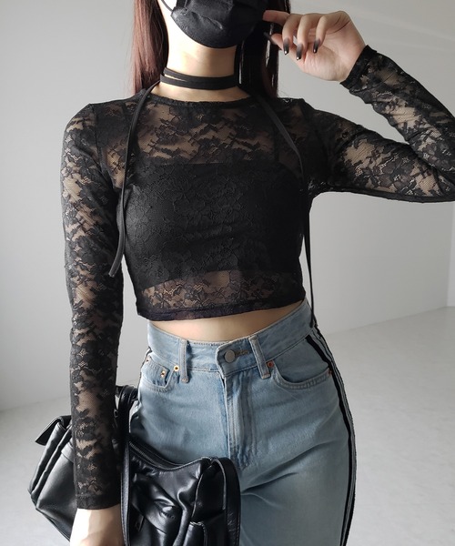 me+em select(ミームセレクト)の「【 2color 】ストラップリボンショートレーストップス / strap ribbon short lace tops(Tシャツ/カットソー・レディース・ブラック/ホワイト・FREE)」の10枚目の写真