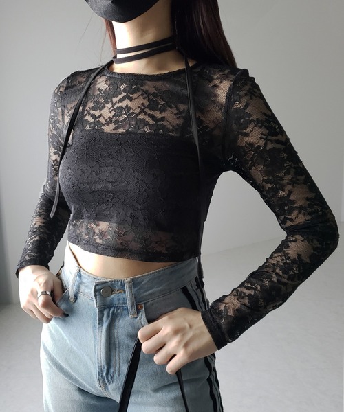 me+em select(ミームセレクト)の「【 2color 】ストラップリボンショートレーストップス / strap ribbon short lace tops(Tシャツ/カットソー・レディース・ブラック/ホワイト・FREE)」の11枚目の写真