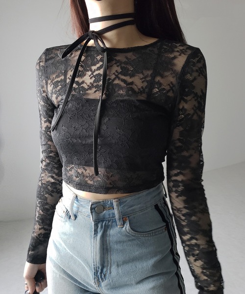 me+em select(ミームセレクト)の「【 2color 】ストラップリボンショートレーストップス / strap ribbon short lace tops(Tシャツ/カットソー・レディース・ブラック/ホワイト・FREE)」の9枚目の写真