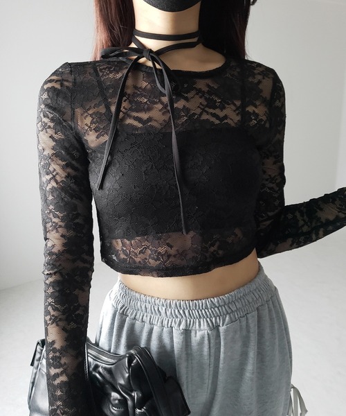 2color 】ストラップリボンショートレーストップス ／ strap ribbon