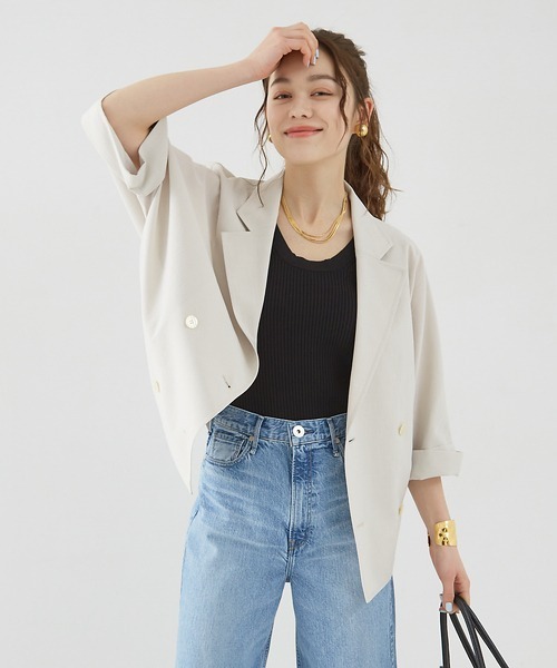 Rouge vif Anna（ルージュヴィフアンナ）の「撥水ドルマンハーフスリーブジャケット（テーラードジャケット・レディース・ベージュ/チャコールグレー/ダークベージュ/ブラック・フリー）」の17枚目の写真