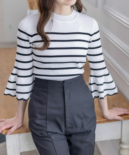 clear(クリア)の「5分袖スカラップニットトップス≪2024SS≫(ニット/セーター・レディース・オフホワイト/ブラック/ホワイト×ブラック/グレー系その他・F)」の1枚目の写真