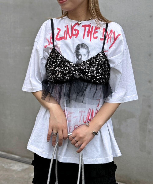 CIAOPANIC（チャオパニック）の「チュールドッキングスパンコールビスチェ（キャミソール・レディース・グレー/ブラック・FREE）」の2枚目の写真