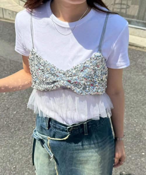 CIAOPANIC（チャオパニック）の「チュールドッキングスパンコールビスチェ（キャミソール・レディース・グレー/ブラック・FREE）」の10枚目の写真