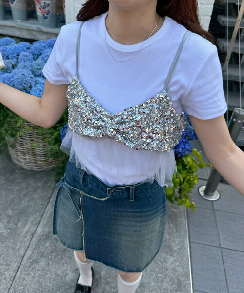 CIAOPANIC（チャオパニック）の「チュールドッキングスパンコールビスチェ（キャミソール・レディース・グレー/ブラック・FREE）」の12枚目の写真