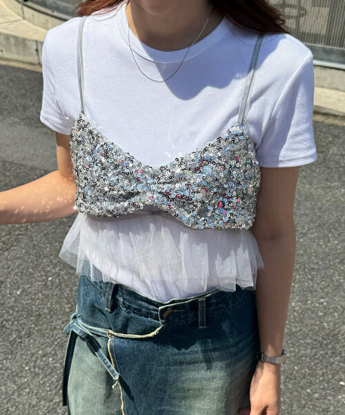 CIAOPANIC（チャオパニック）の「チュールドッキングスパンコールビスチェ（キャミソール・レディース・グレー/ブラック・FREE）」の13枚目の写真