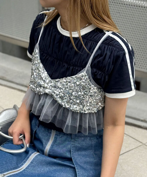 CIAOPANIC（チャオパニック）の「チュールドッキングスパンコールビスチェ（キャミソール・レディース・グレー/ブラック・FREE）」の4枚目の写真