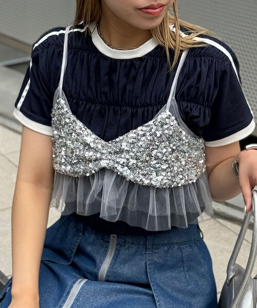 CIAOPANIC（チャオパニック）の「チュールドッキングスパンコールビスチェ（キャミソール・レディース・グレー/ブラック・FREE）」の5枚目の写真