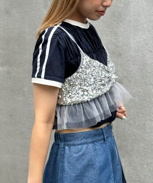 CIAOPANIC（チャオパニック）の「チュールドッキングスパンコールビスチェ（キャミソール・レディース・グレー/ブラック・FREE）」の6枚目の写真