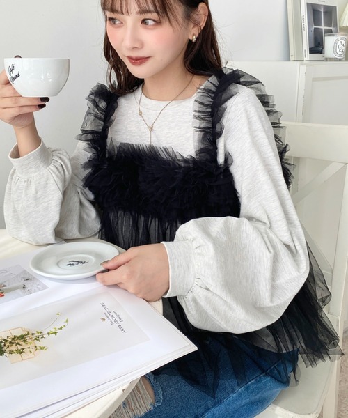 セール】綿100%天竺. 2WAYチュールビスチェドッキングロングTシャツ（T