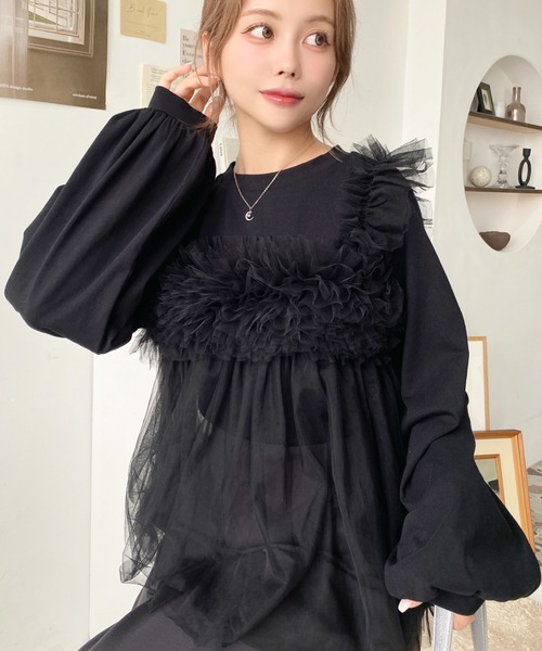 moment+(モーメントプラス)の「綿100%天竺. 2WAYチュールビスチェドッキングロングTシャツ(Tシャツ/カットソー・レディース・オフホワイト/ブラック/ブラック系その他/オートミール・M)」の3枚目の写真