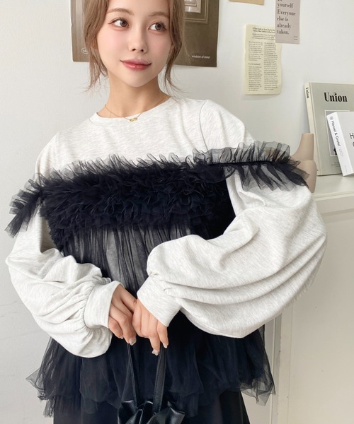 moment+(モーメントプラス)の「綿100%天竺. 2WAYチュールビスチェドッキングロングTシャツ(Tシャツ/カットソー・レディース・オフホワイト/ブラック/ブラック系その他/オートミール・M)」の12枚目の写真