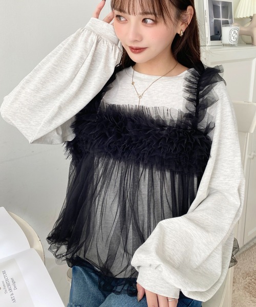 moment+(モーメントプラス)の「綿100%天竺. 2WAYチュールビスチェドッキングロングTシャツ(Tシャツ/カットソー・レディース・オフホワイト/ブラック/ブラック系その他/オートミール・M)」の16枚目の写真