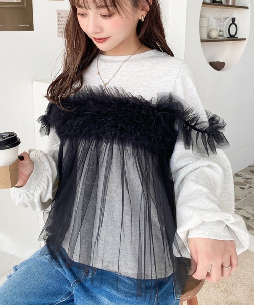 moment+(モーメントプラス)の「綿100%天竺. 2WAYチュールビスチェドッキングロングTシャツ(Tシャツ/カットソー・レディース・オフホワイト/ブラック/ブラック系その他/オートミール・M)」の18枚目の写真