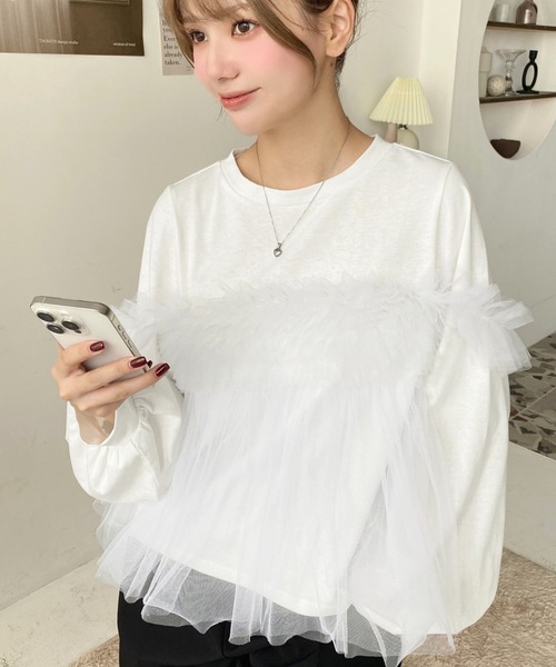 セール】綿100%天竺. 2WAYチュールビスチェドッキングロングTシャツ（T