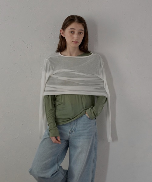 MINERTE(ミネルテ)の「【MINERTE】long sleeve sheer tops / ネップシアートップス(Tシャツ/カットソー・レディース・オリーブ/オフホワイト/チャコールグレー・FREE)」の2枚目の写真