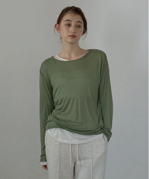 MINERTE(ミネルテ)の「【MINERTE】long sleeve sheer tops / ネップシアートップス(Tシャツ/カットソー・レディース・オリーブ/オフホワイト/チャコールグレー・FREE)」の3枚目の写真