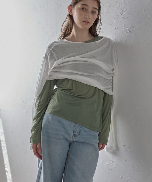 セール】【MINERTE】long sleeve sheer tops / ネップシアー