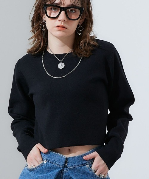 TTOL(トール)の「クロップドニットトップス(ニット/セーター・レディース・アイボリー/ブラック・M-L/L-XL)」の2枚目の写真