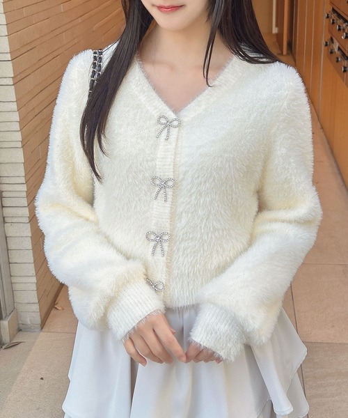 INGNI（イング）の「Vネックリボンボタンフェザーニットカーディガン