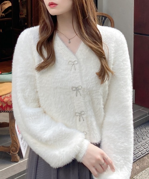 INGNI（イング）の「Vネックリボンボタンフェザーニットカーディガン