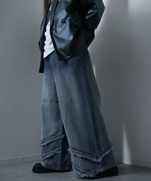 NILWAY | ワイド シルエット 袴デニム / ワイド シルエット 銀箔 袴デニム / ワイド シルエット フリンジ 袴デニム / バギーワイドバイカーデニムパンツ ケミカル フリンジ 銀箔(デニムパンツ)