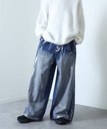 NILWAY | ワイド シルエット 袴デニム / ワイド シルエット 銀箔 袴デニム / ワイド シルエット フリンジ 袴デニム / バギーワイドバイカーデニムパンツ ケミカル フリンジ 銀箔(デニムパンツ)