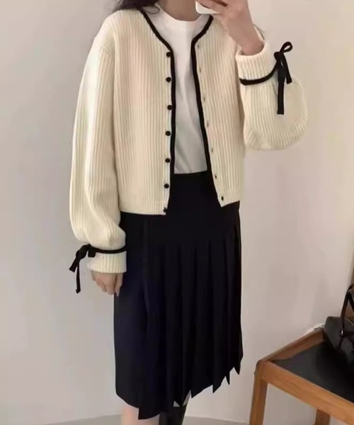 WEGO(ウィゴー)の「WEGO/袖リボンラインニットカーディガン(カーディガン/ボレロ・レディース・ブラック/アイボリー/グレー/ブラウン・FREE)」の10枚目の写真