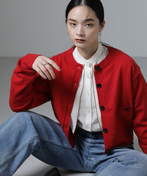 NANO universe（ナノユニバース）の「吸湿発熱マシンウォッシャブルニットカーディガン（ニット/セーター・レディース・アイボリー/レッド/ブラック・FREE）」の3枚目の写真