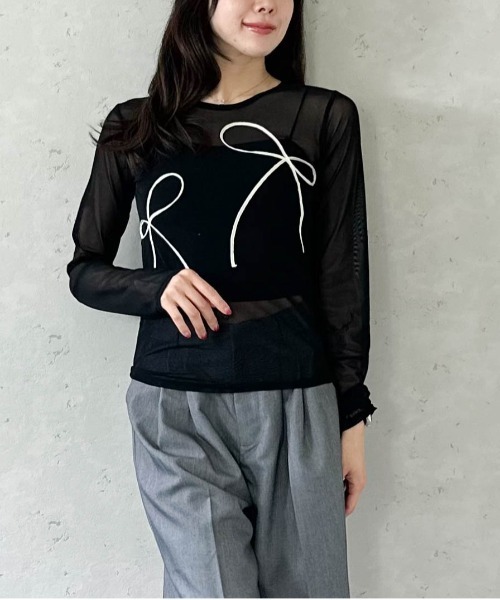 Per sist ence（パーシエンス）の「シアーリボンコード刺繍プルオーバー（Tシャツ/カットソー・レディース・チャコールグレー/アイボリー/ブラック・FREE）」の6枚目の写真